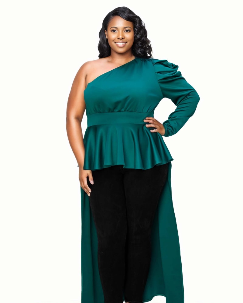 Front of a model wearing a size 2X Nicolette One Shoulder Peplum Top in Emerald by L I V D. | dia_product_style_image_id:315163